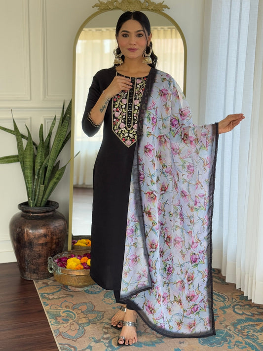 BLACK RAYON EMBROIDERED KURTA PANT DUPATTA SET