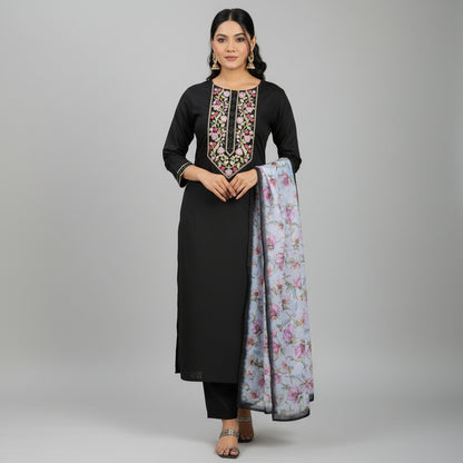 BLACK RAYON EMBROIDERED KURTA PANT DUPATTA SET