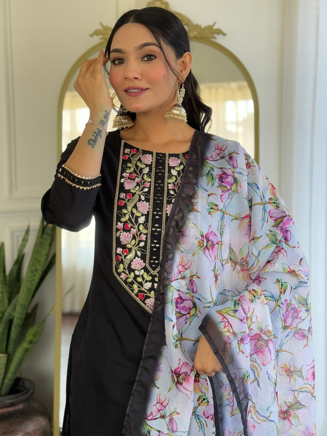 BLACK RAYON EMBROIDERED KURTA PANT DUPATTA SET
