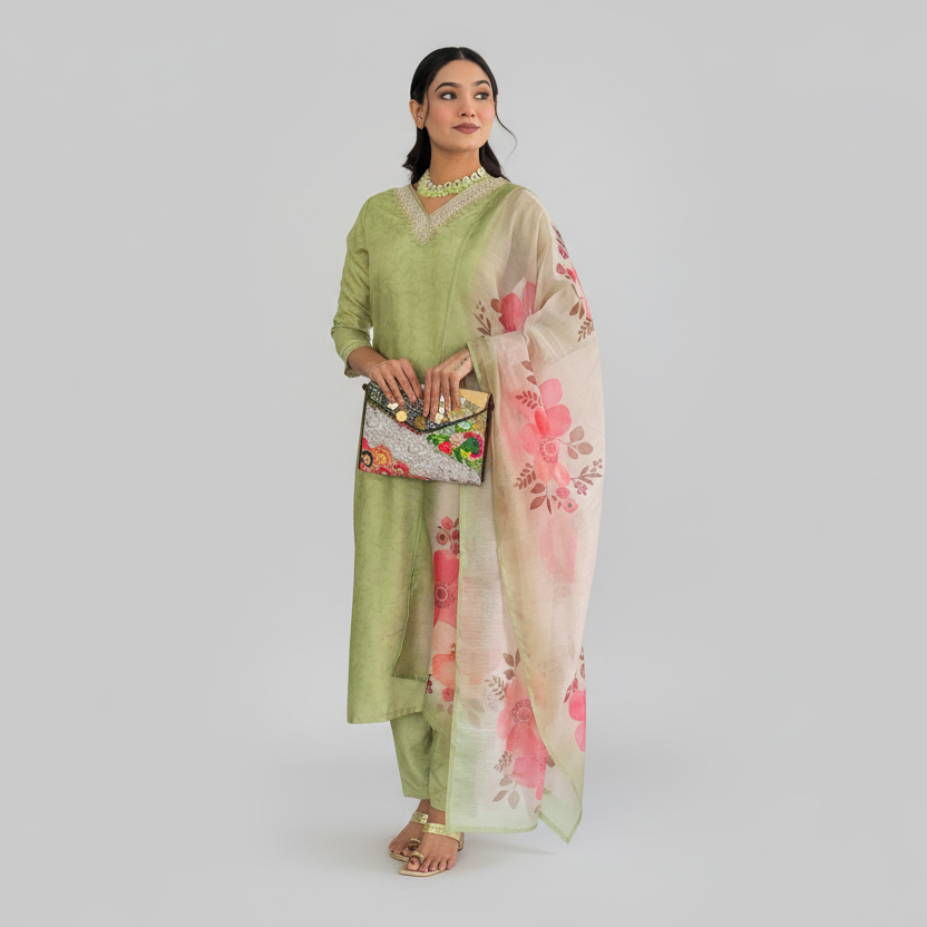 Pista Green Embroidered Kurta Set