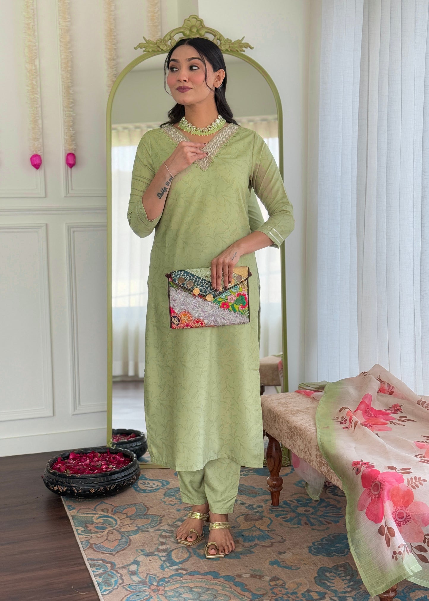 Pista Green Embroidered Kurta Set
