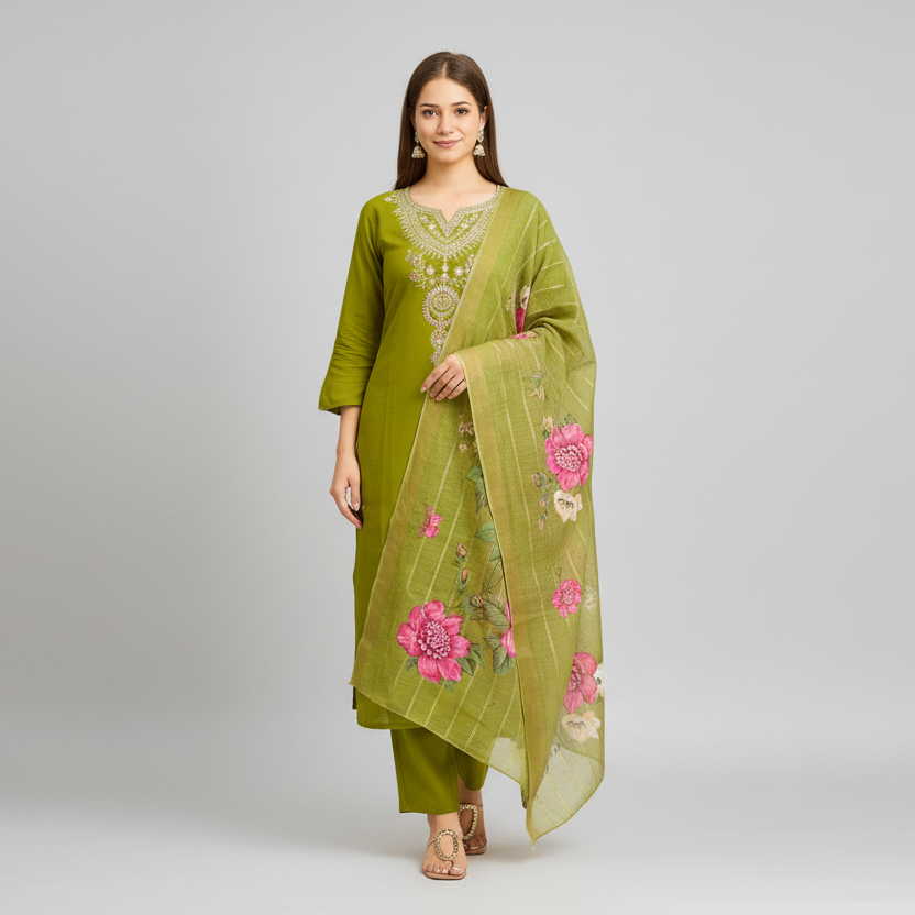Lime Green Embroidered Kurta Set