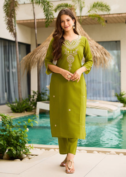 Lime Green Embroidered Kurta Set