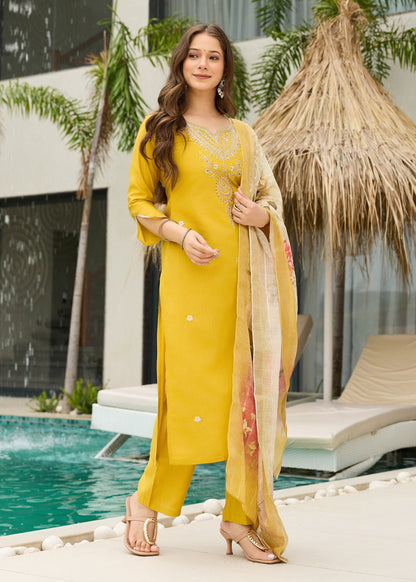 Mustard Yellow Embroidered Kurta Set