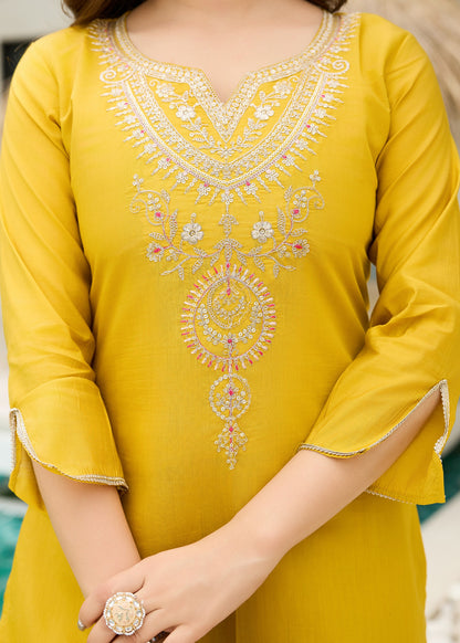 Mustard Yellow Embroidered Kurta Set