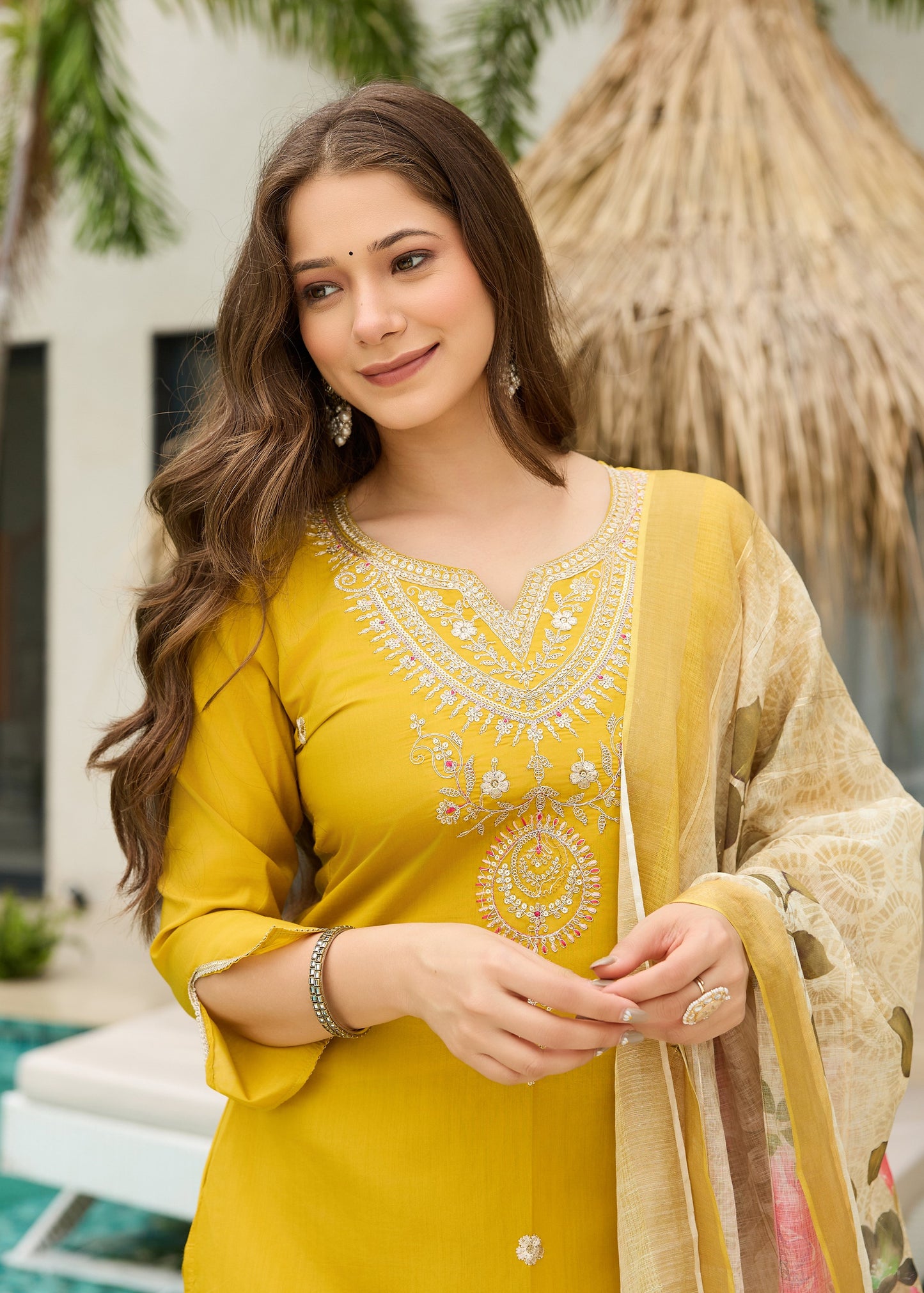 Mustard Yellow Embroidered Kurta Set