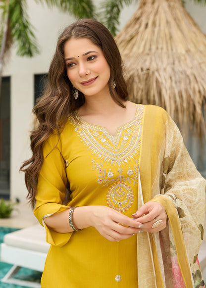 Mustard Yellow Embroidered Kurta Set