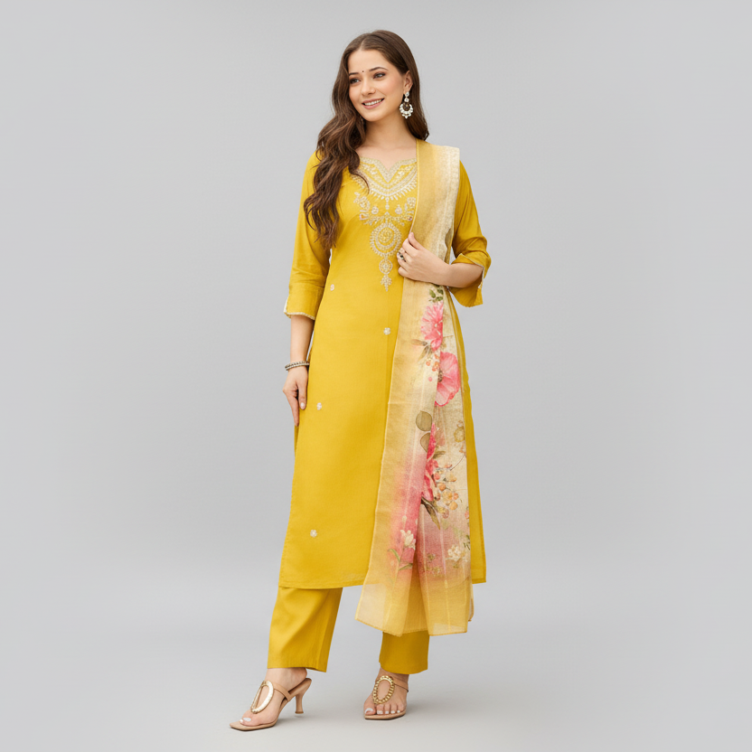 Mustard Yellow Embroidered Kurta Set