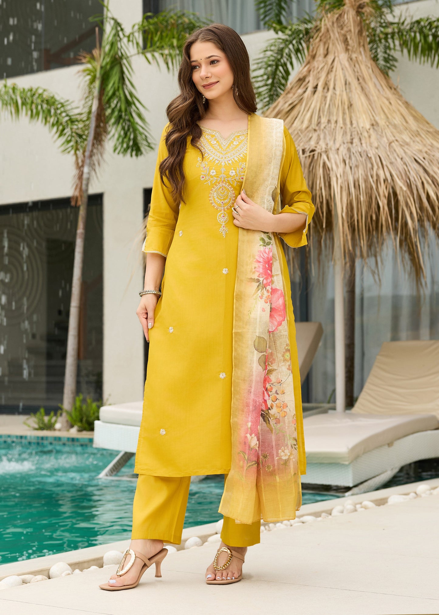 Mustard Yellow Embroidered Kurta Set