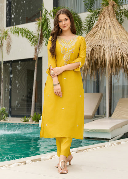 Mustard Yellow Embroidered Kurta Set