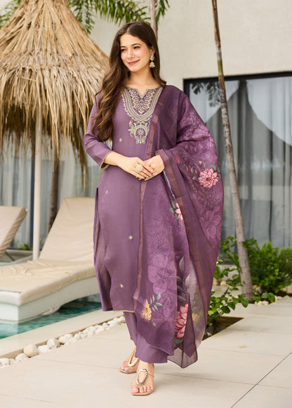 Dusty Purple Embroidered Kurta Set