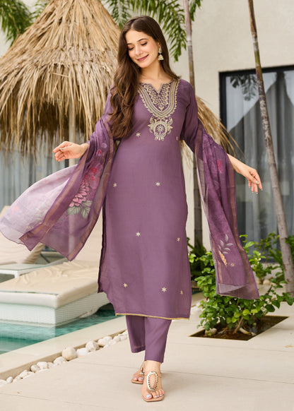Dusty Purple Embroidered Kurta Set