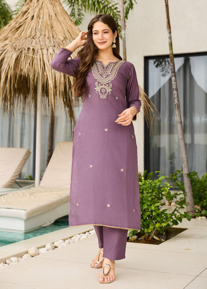 Dusty Purple Embroidered Kurta Set