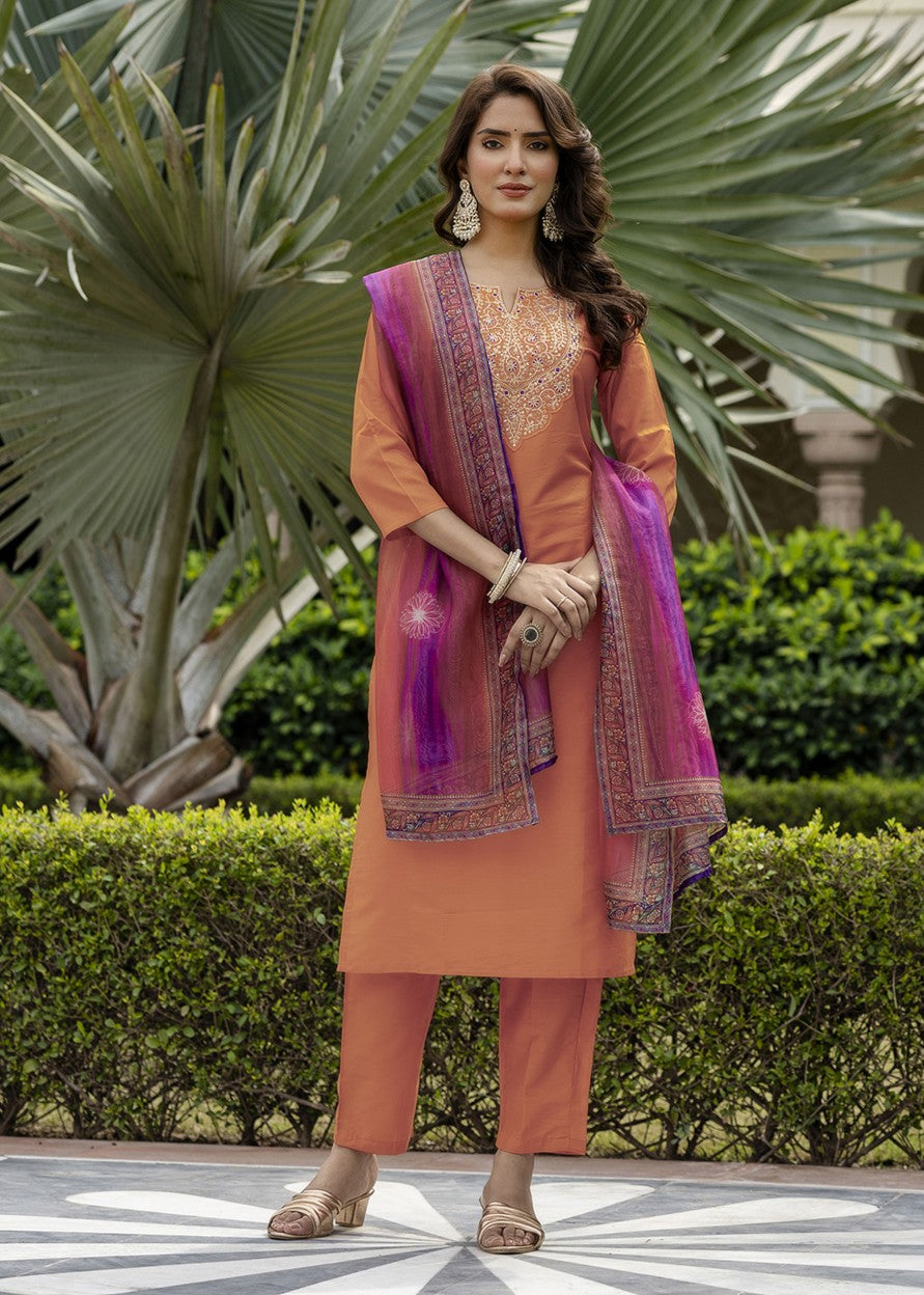 Rust Orange Embroidered Kurta Set