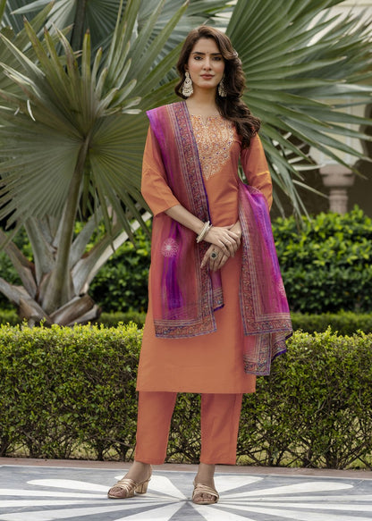 Rust Orange Embroidered Kurta Set