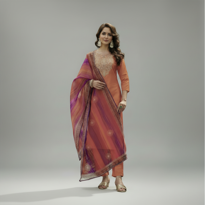 Rust Orange Embroidered Kurta Set