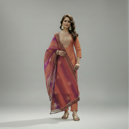 Rust Orange Embroidered Kurta Set