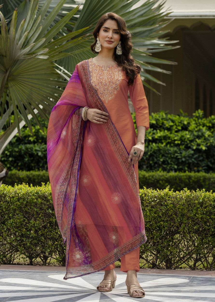Rust Orange Embroidered Kurta Set