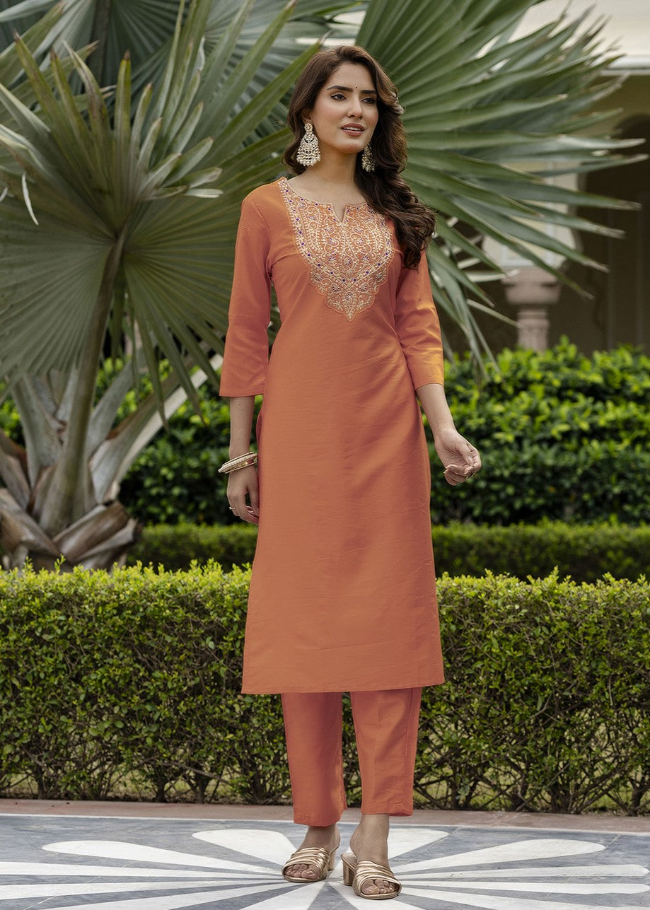 Rust Orange Embroidered Kurta Set