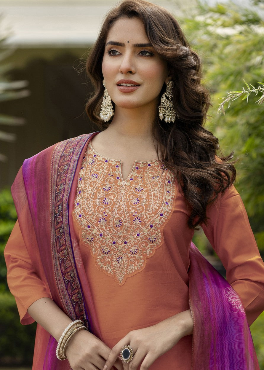 Rust Orange Embroidered Kurta Set