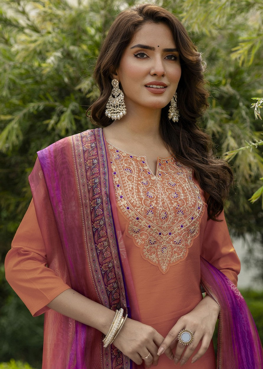 Rust Orange Embroidered Kurta Set