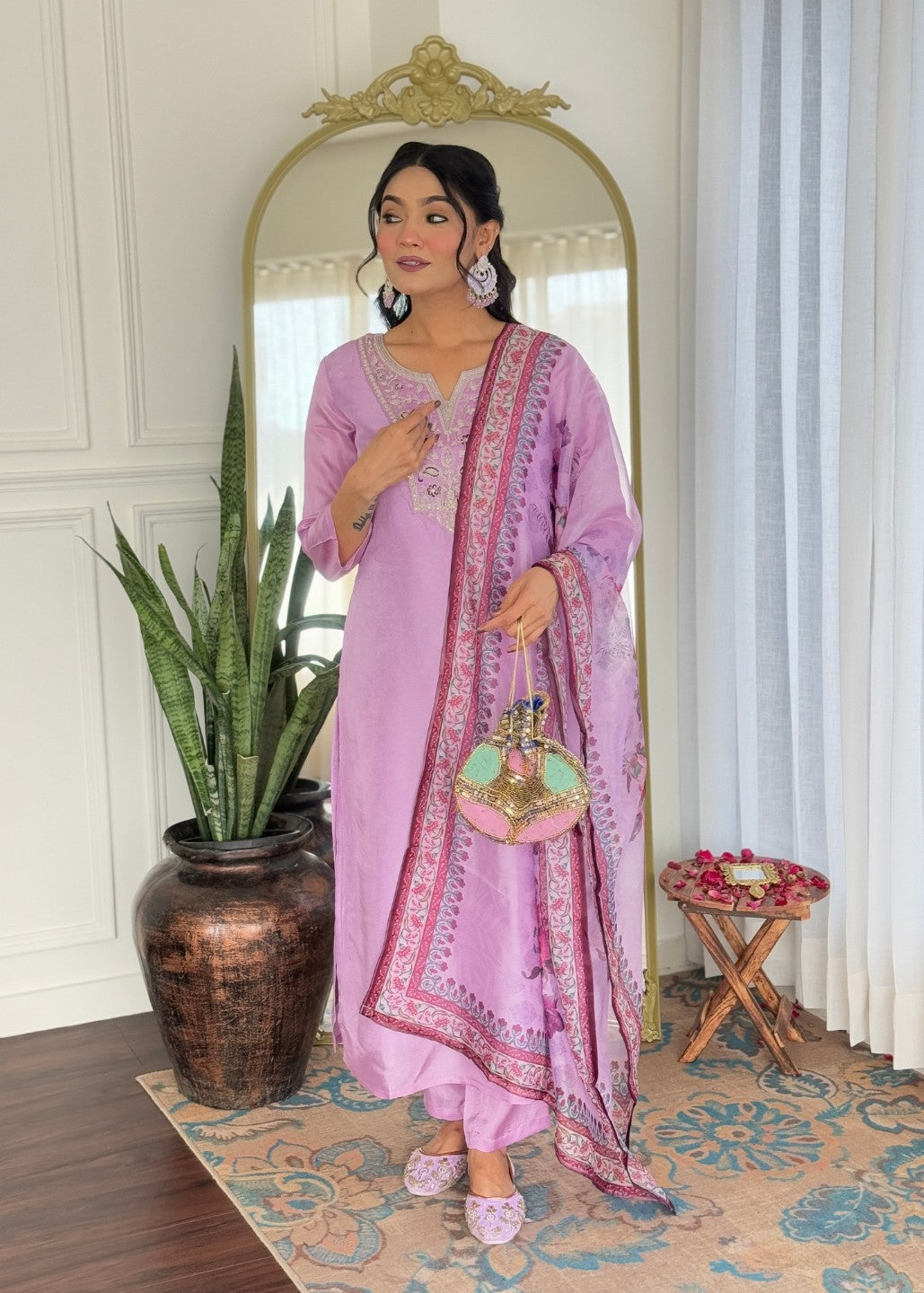 Lavender Embroidered Kurta Set