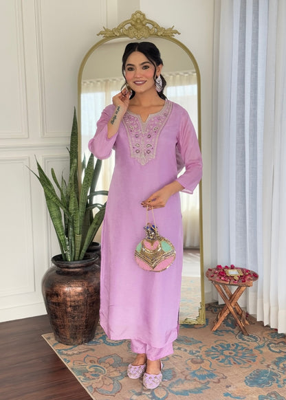 Lavender Embroidered Kurta Set