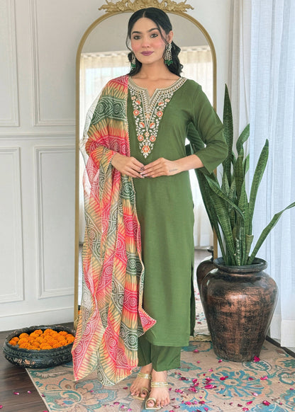 MAHENDI RAYON EMBROIDERED KURTA PANT DUPATTA SET