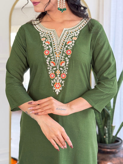 MAHENDI RAYON EMBROIDERED KURTA PANT DUPATTA SET