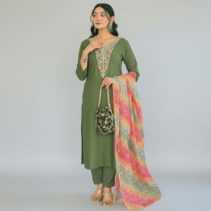 MAHENDI RAYON EMBROIDERED KURTA PANT DUPATTA SET