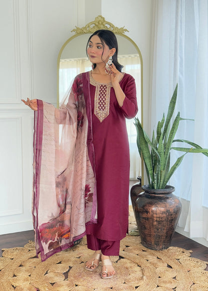 WOMEN'S MAROON RAYON EMBROIDERED STRAIGHT KURTA WITH RAYON PANT AND TABY PRINTED DUPATTA SETS