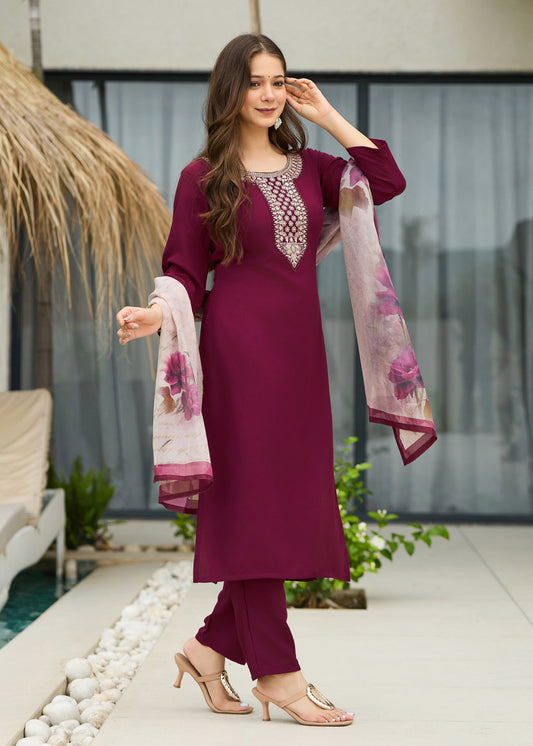 Maroon Embroidered Kurta Set