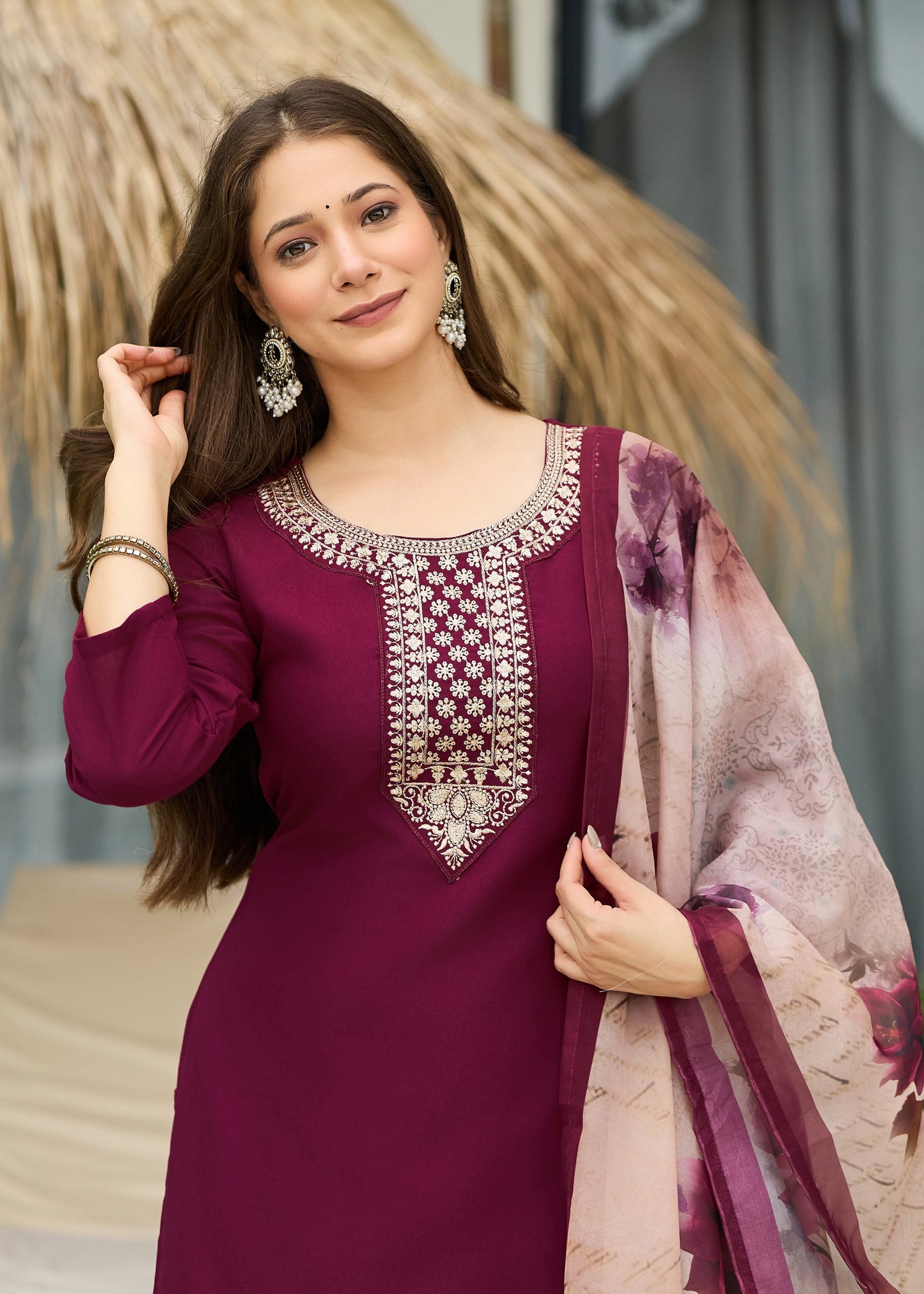 Maroon Embroidered Kurta Set