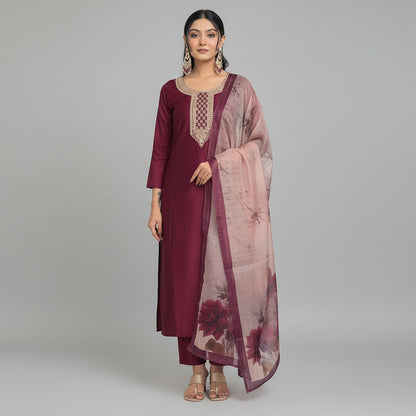 WOMEN'S MAROON RAYON EMBROIDERED STRAIGHT KURTA WITH RAYON PANT AND TABY PRINTED DUPATTA SETS