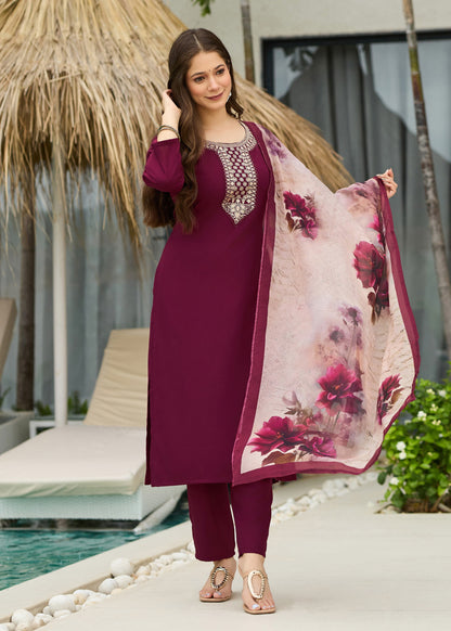 Maroon Embroidered Kurta Set