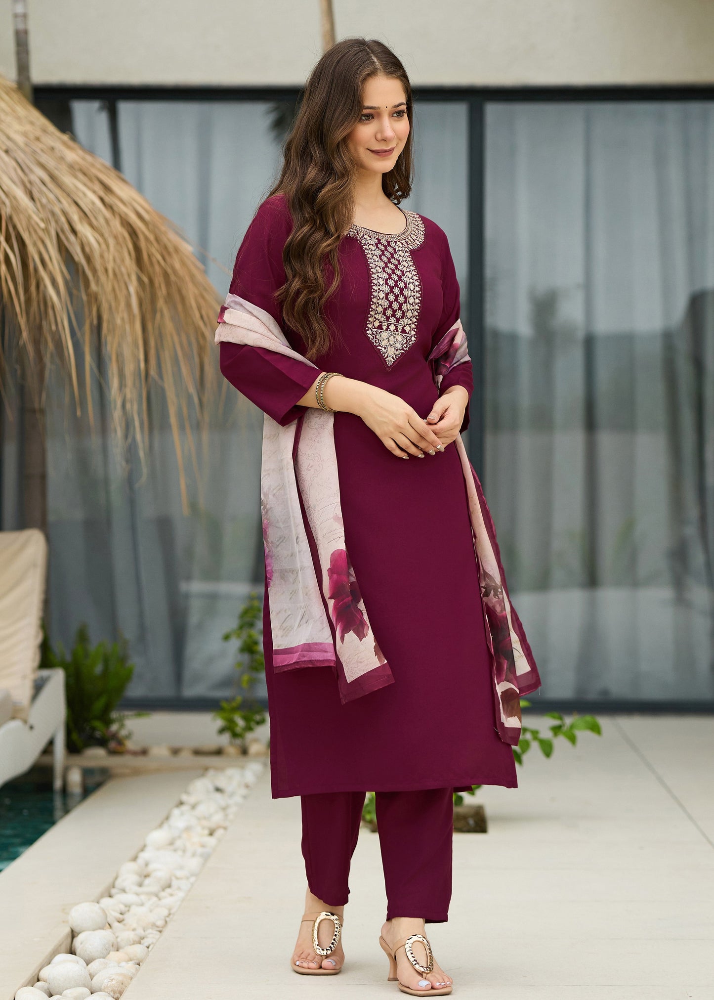 Maroon Embroidered Kurta Set