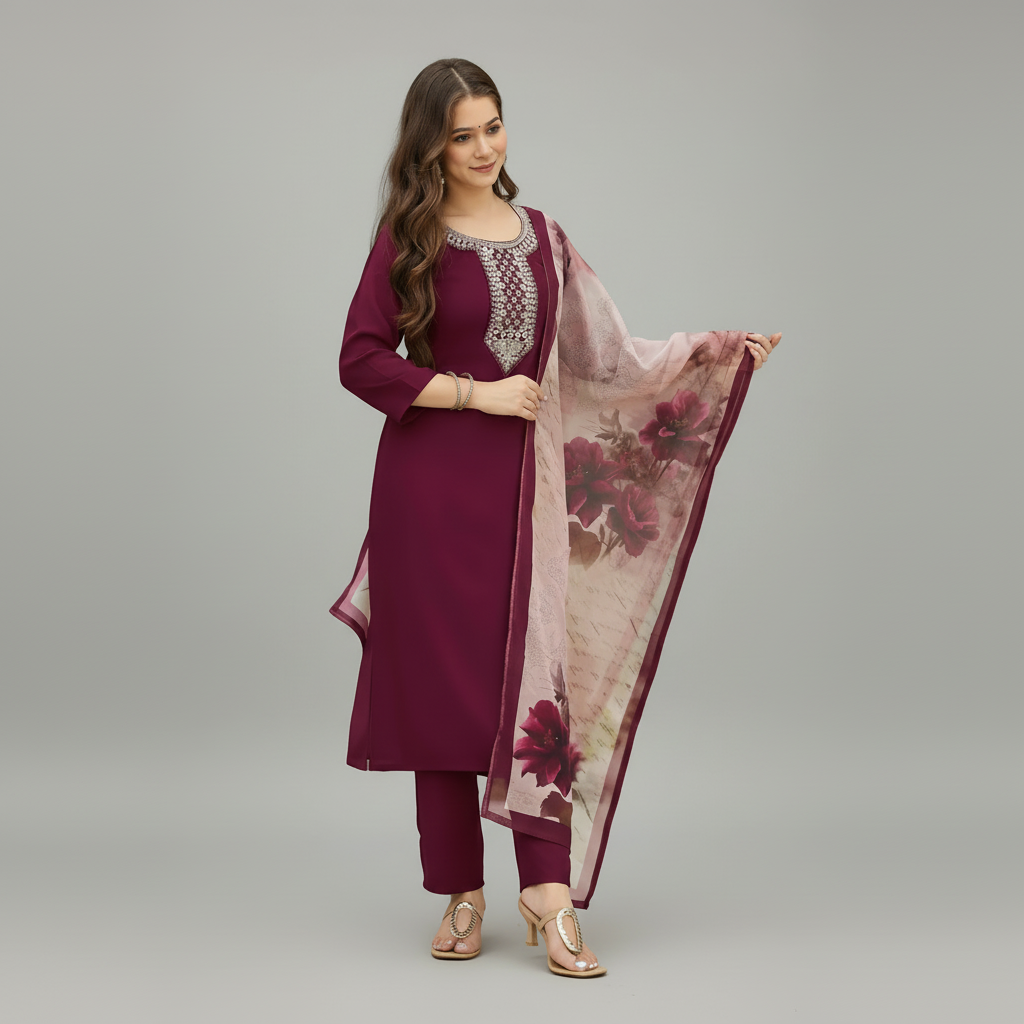Maroon Embroidered Kurta Set