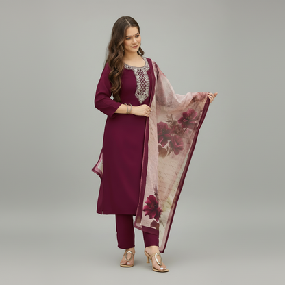 Maroon Embroidered Kurta Set