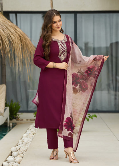 Maroon Embroidered Kurta Set