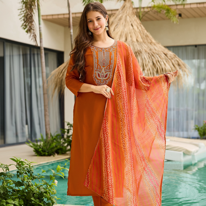 Rust Orange Embroidered Kurta Set