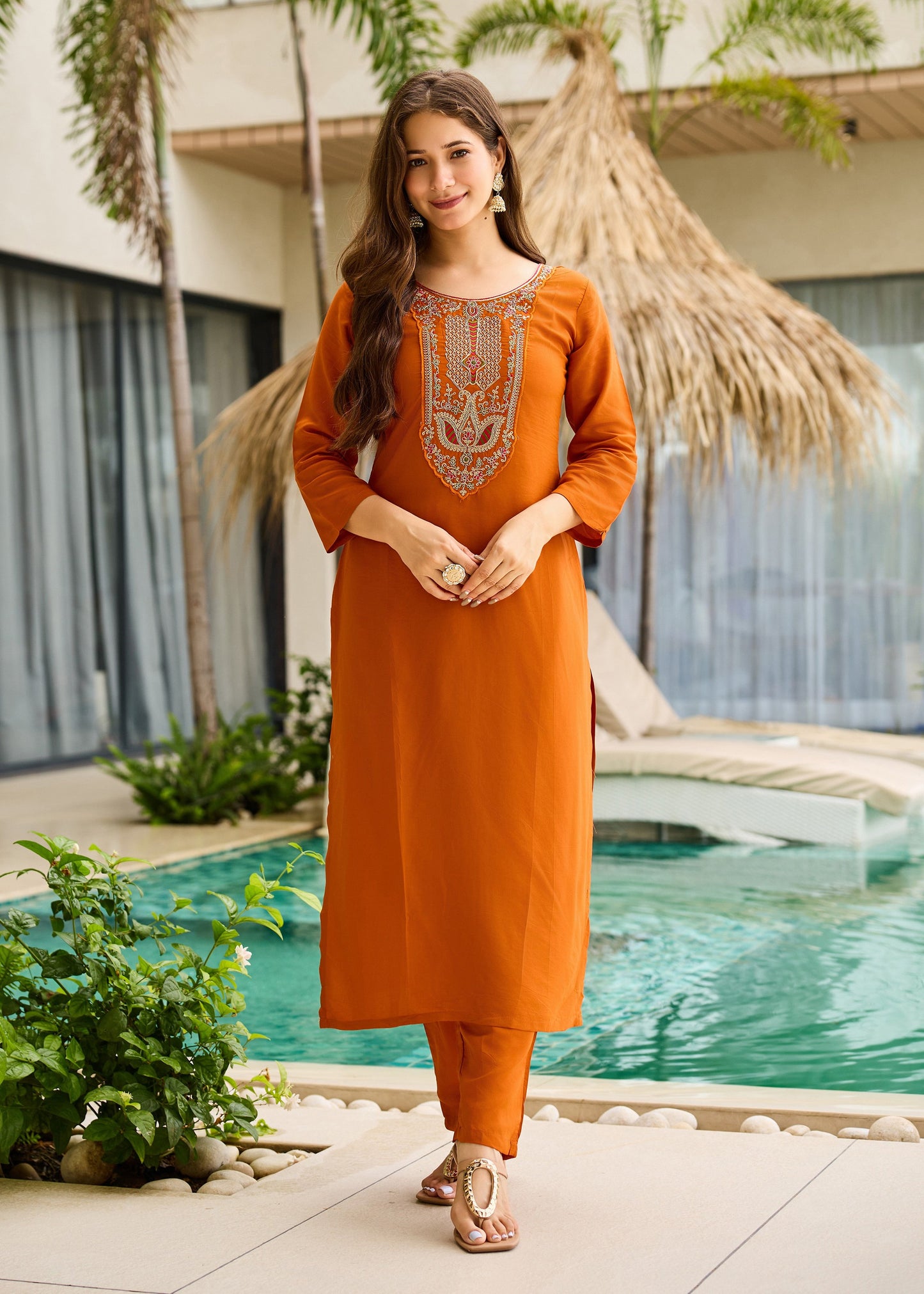 Rust Orange Embroidered Kurta Set