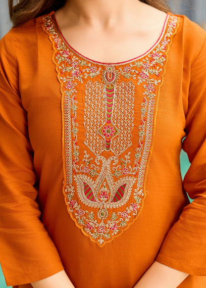 Rust Orange Embroidered Kurta Set