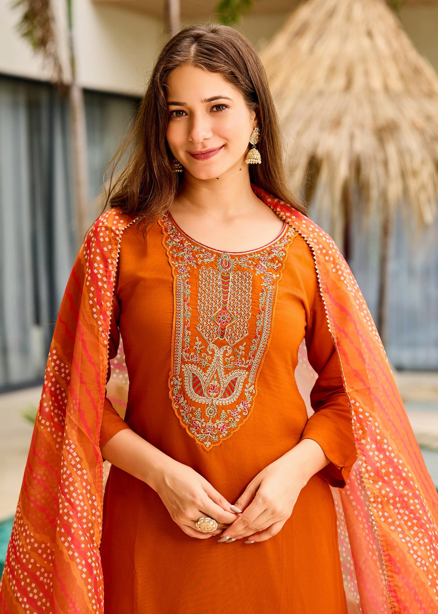 Rust Orange Embroidered Kurta Set