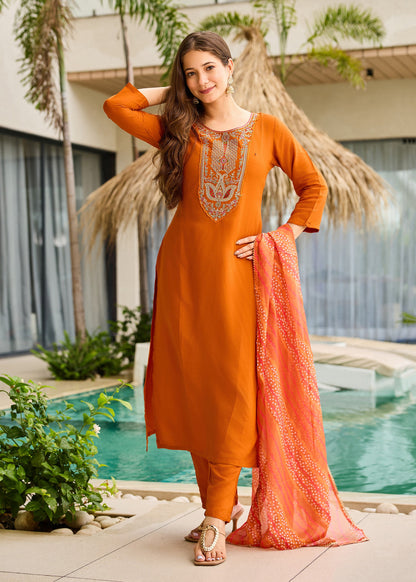 Rust Orange Embroidered Kurta Set