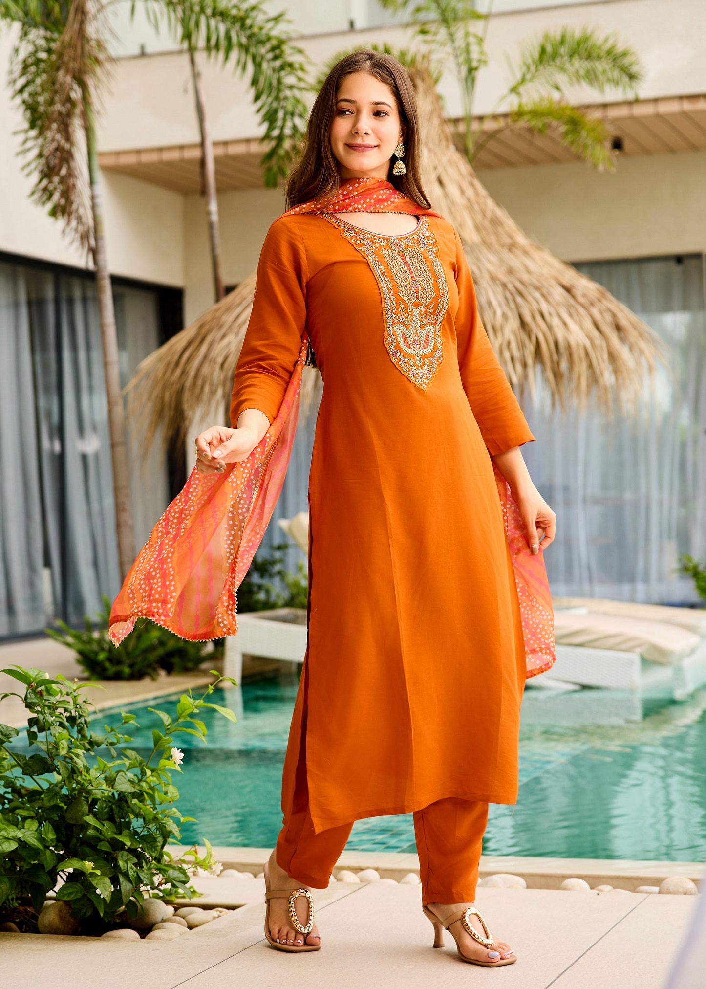 Rust Orange Embroidered Kurta Set