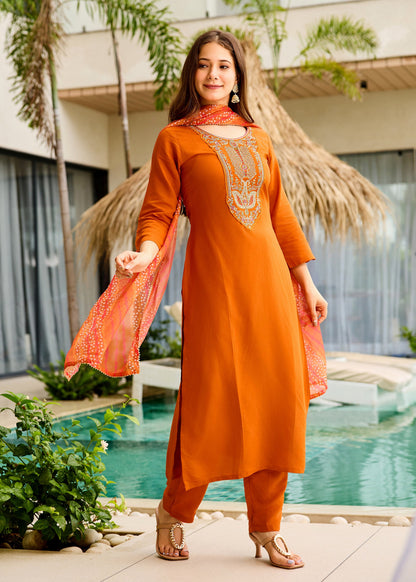Rust Orange Embroidered Kurta Set