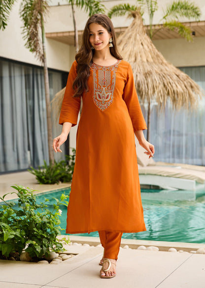 Rust Orange Embroidered Kurta Set
