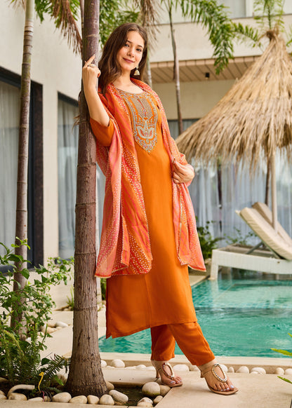 Rust Orange Embroidered Kurta Set