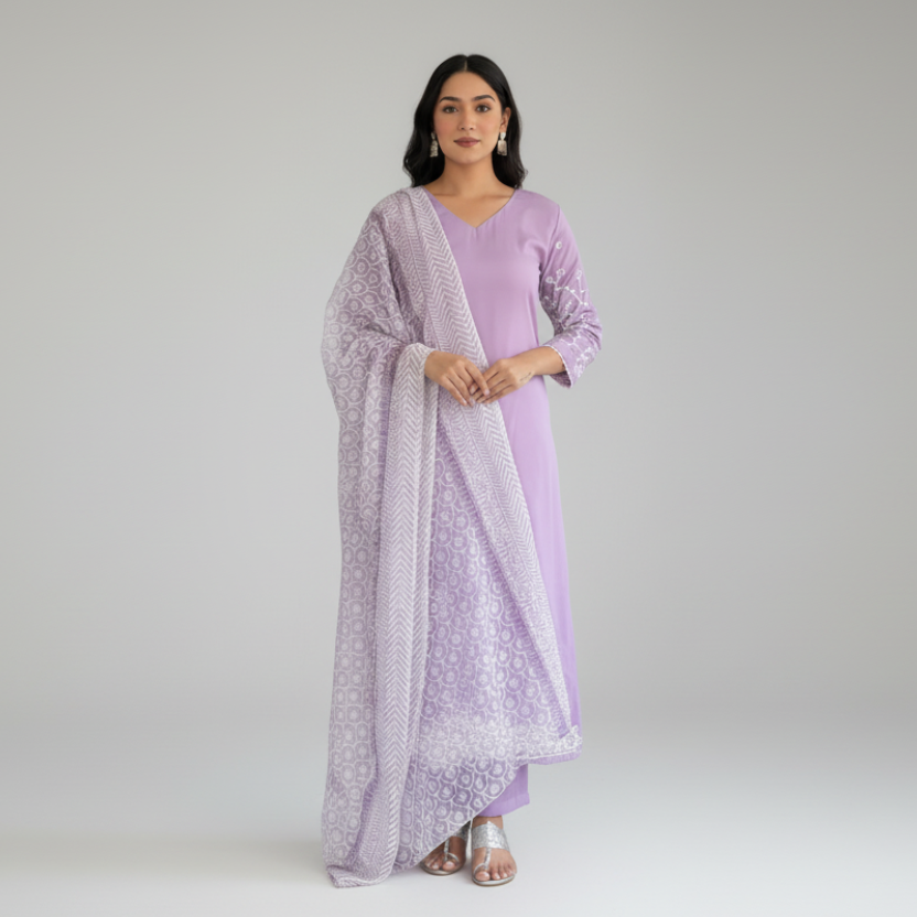Lavender Sleeves Embroidered Kurta Set
