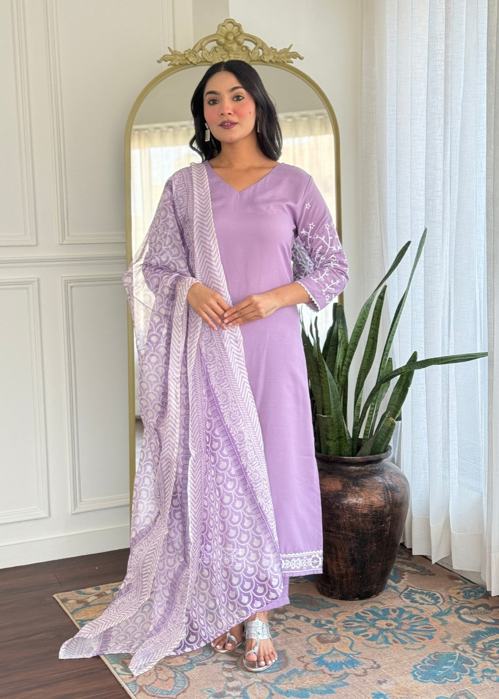 Lavender Sleeves Embroidered Kurta Set